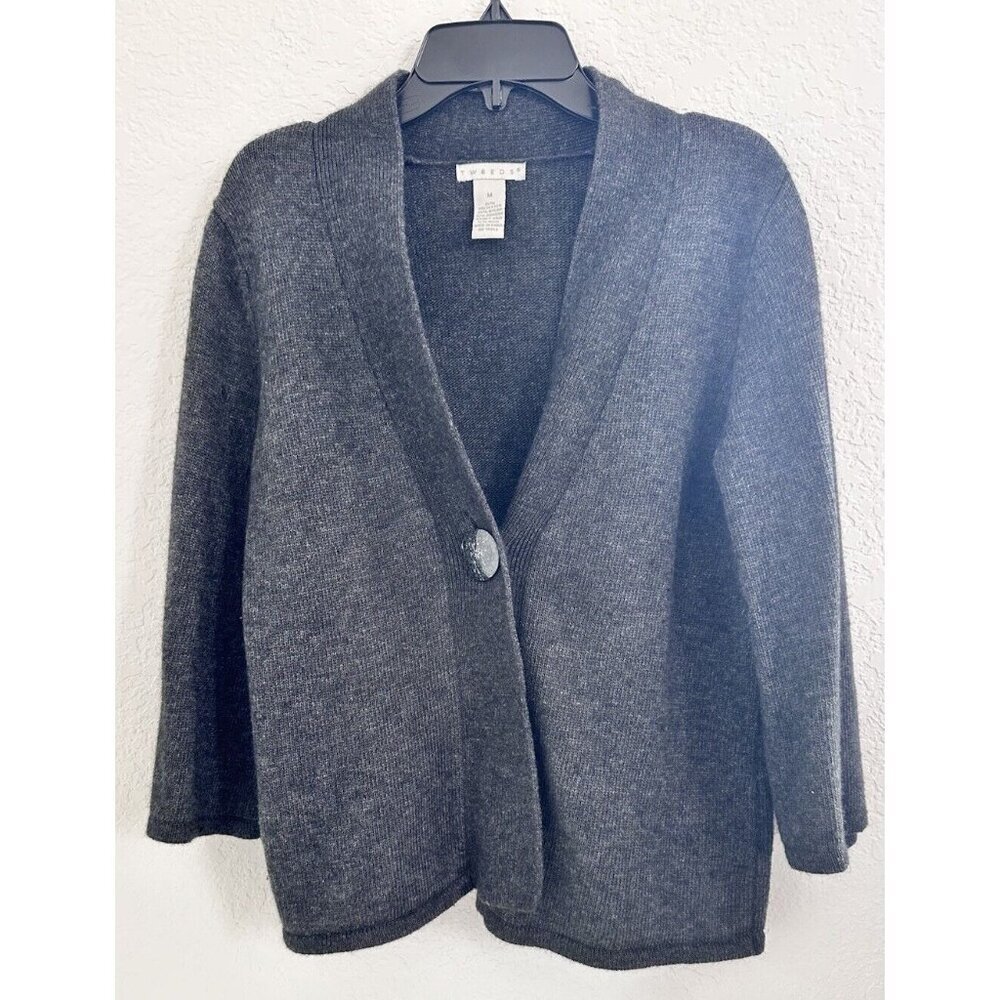 Tweeds Womens Knit Cardigan Sweater‎ Sz. M Dark Grey Wool Angora Rabbit Blend